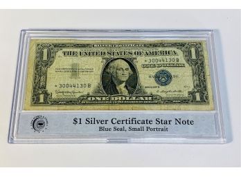 $1 Dollar Silver Certificate Blue Seal Star * Note In Plastic Case