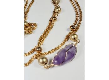 Long Gold Tone Multi Stone Double Chain Necklace