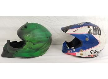 Two Motorcycle Helmets Aria Red, White & Blue Medium Size, Green Grim Reaper Helmet