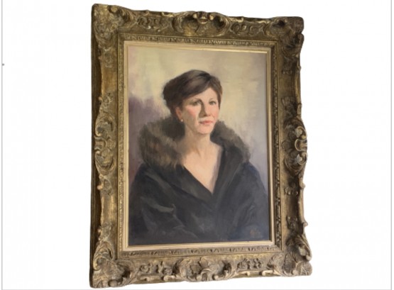 Original Portrait Painting Of Woman In Fur Coat- Beautifully Framed In Carved Gilt Wooden Frame. Signed By Artist, Nancy Reilly