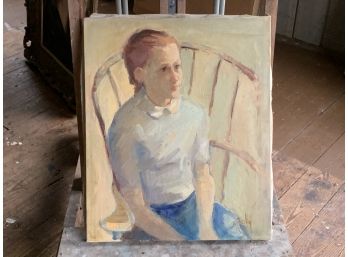 Original Painting Portrait Of Child Sitting In Chair Signed By Artist, Nancy Reilly - Unframed