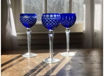 Three Cobalt Blue Cut-Glass Wine Glasses