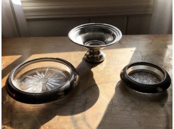 Two Sterling Silver Rimmed And Glass Ashtrays And One Weighted Silver Dish