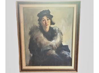 Original Oil On Canvas Portrait Of Woman In Fur Coat And Hat By Artist, Nancy Reilly