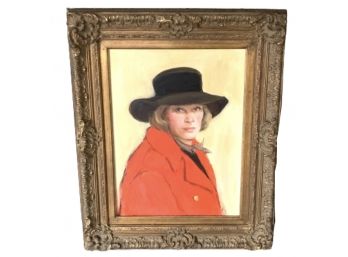 Beautifully Gilt Carved Wooden Framed Portrait Of Woman In Red Coat And Black Hat Signed By Artist, Nancy Reilly