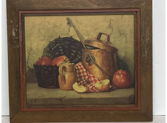 Vintage Robert Chailloux Framed Signed Still Life Of Apples Art Print - Cider Oil On Hardwood (?)