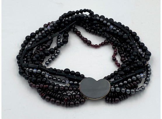 Antique Garnet Colored 9 Strand Necklace With Onyx Clasp