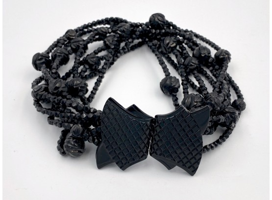 Antique Black Jet 9 Strand Necklace With Black Bakelite Clasp