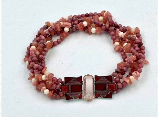 Antique Coral & Pink Colored Hardstone 5 Strand Necklace With Enameled Clasp