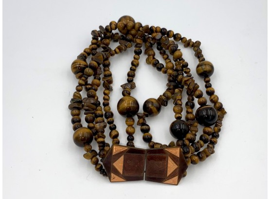 Antique 5 Strand Tigers Eye Necklace With Brass, Copper & Enameled Clasp