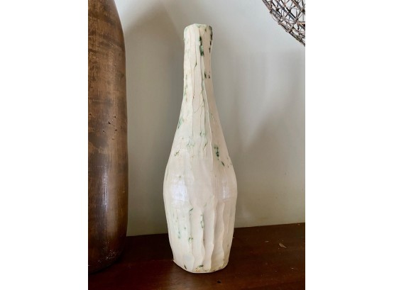Tall White Ceramic Vase With Green Undertones, Signed