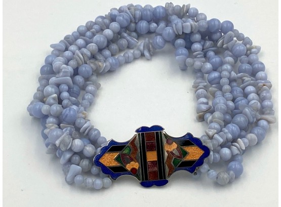 Antique Light Blue Hardstone 6 Strand Necklace With Enameled Clasp