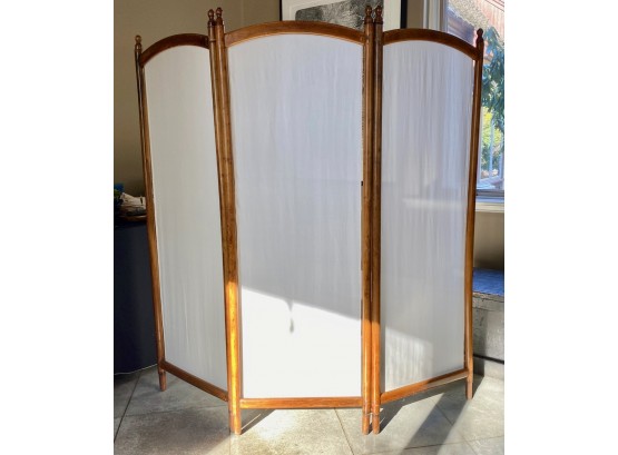 Antique Wooden Folding Screen With Sheer Panels