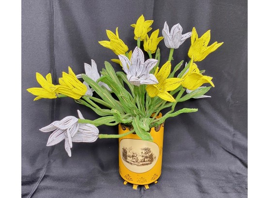 Lovely Beaded Yellow And White Tulips In Metal Classical Vase