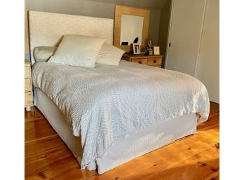 Queen Bed - Silk Headboard, Linen Duvet, Skirt, Bolster & Two Down Pillow