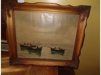 Oil On Canvas 'Fishing Boats In Harbor' Signed