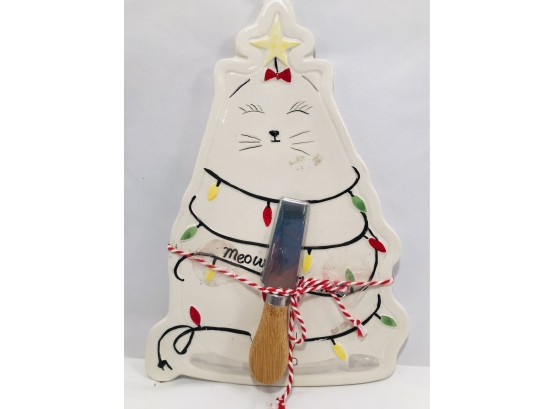 ARLINGTON DESIGNS Meowy Christmas Tree CHEESE PLATE W/KNIFE