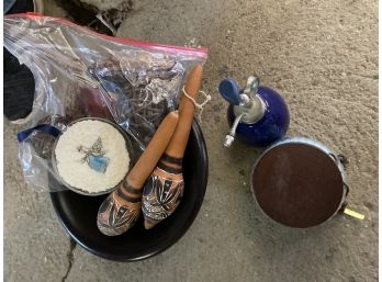 Lot Of Items Potpourri With Bowl, And Carved Maracas, Candle And More