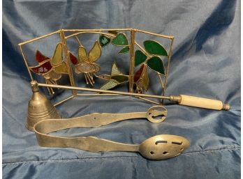 Odd Lot Tri Fold Stained Glass Candle Snuffer A Pair Of Salad Tongs Silver(?) Not Tested Not Marked