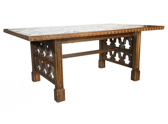 A Vintage Carved Oak Gothic Revival Extendable Dining Table By Jamestown Lounge