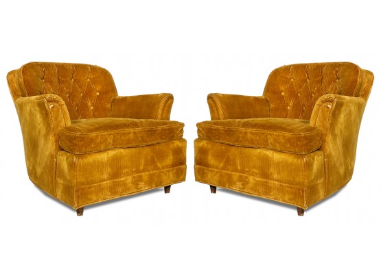 A Pair Of Vintage Mid Century Modern Arm Chairs In Tufted Coureroy