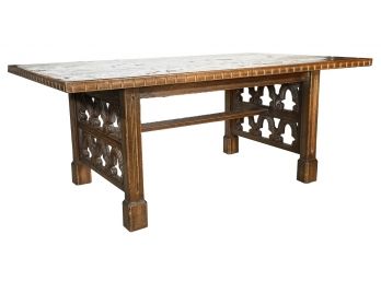 A Vintage Carved Oak Gothic Revival Extendable Dining Table By Jamestown Lounge