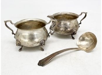 Gorgeous Vintage Sterling Silver Cream And Sugar Bowls Georgian Pattern, Ladle