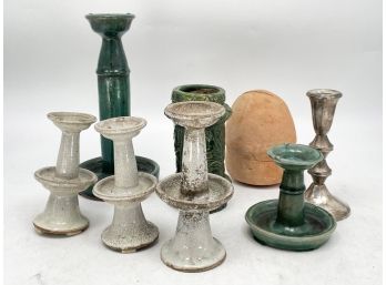 Antique Glazed Ceramic Candlesticks And More