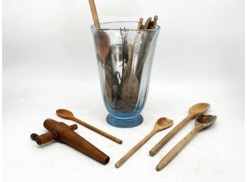 Vintage Wood Kitchen Utensils In A Glass Vase