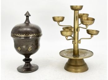 An Antique Silverplate Tobacco Urn And Vintage Brass Tealight Sconce