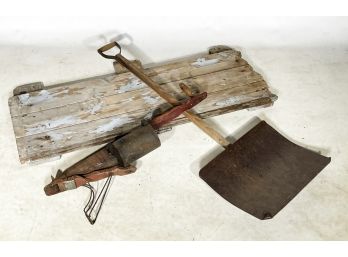 Rustic Primitive Decor - Shovel, Bee Smoker, And Reclaimed Wood Panels