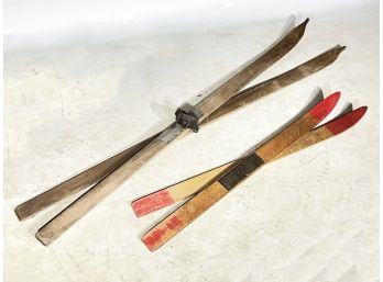 Two Pair Antique Wood Skis - Large And Small
