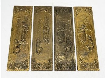A Set Of 4 Antique English Repousse Wall Panels, Or Push Plates
