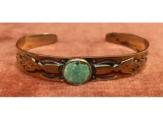 Vintage Native American Cuff Bracelet Sterling Silver Vermeil Gold Wash Green Turquoise Stone Symbols