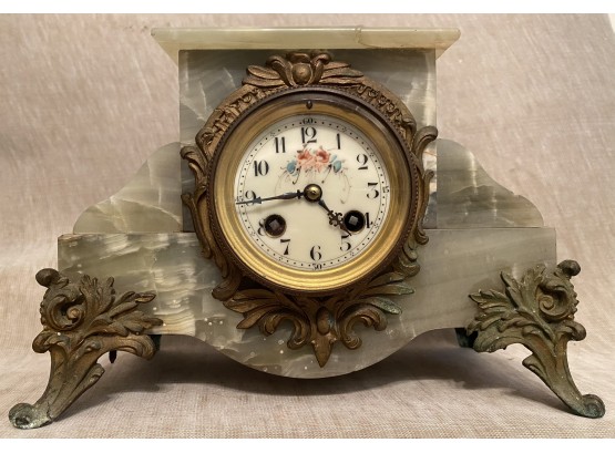 Antique French Green Onyx Mantle Clock Marque Deposse 232433 Roses Floral Face
