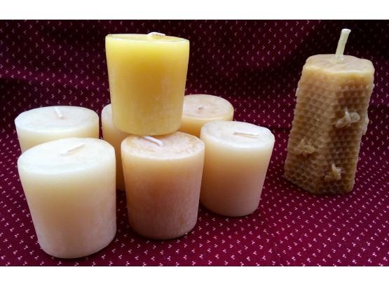 BEESWAX VOTIVE CANDLE LOT: New With Tags, 7 100 Beeswax Votives Burn 15 Hours Each, Molded Honeycomb & Bees