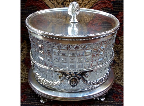 SILVER PLATE AND CRYSTAL ENGLISH BISCUIT JAR: Israel Freeman & Sons Ltd Sheffield