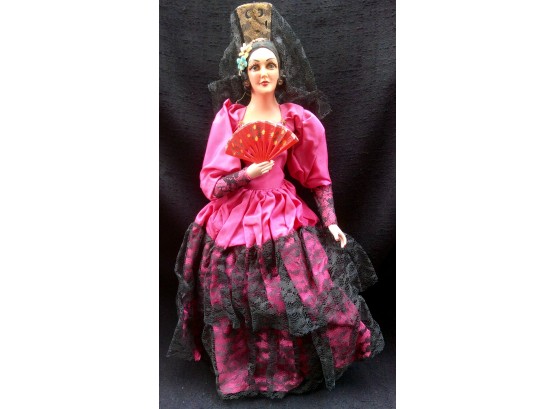 PLASTIC TYPE COMPOSITION 14' FLAMENCO DANCER SPANISH LADY DOLL: Vintage Seorita W/ Fan, Hand Painted Features