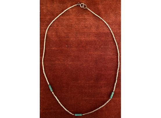 Vintage Delicate Native American Liquid Beaded Sterling Silver With Turquoise Necklace 14