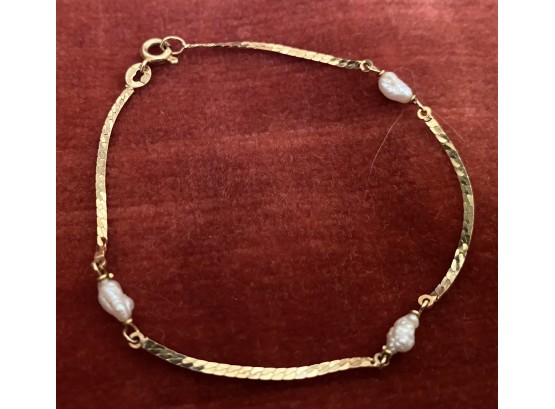 Vintage 14 K Gold Baroque Rice Pearls Bracelet