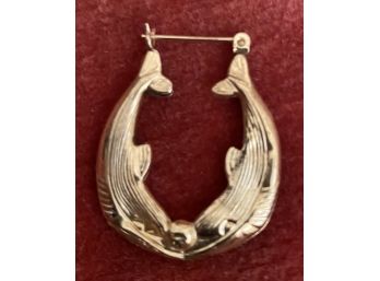 Vintage 14 K Gold Single Earring Double Dolphin Textured  As Is