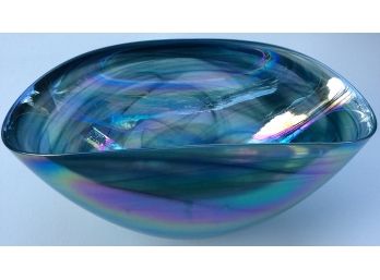 AQUA BLUE RAINBOW SWIRL IRIDESCENT ART GLASS BOWL