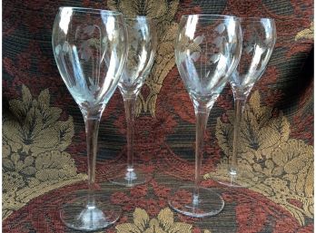 SET OF 4 ETCHED SPRING FLOWERS WINE GLASSES: Lily Of The Valley, Tall Vintage Stemware, Lot Of 4