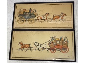 Pair Cecil Aldin Prints No 130 & 131 Horse Drawn Carriages Lawrence & Jellicoe London J L Goffart Printer