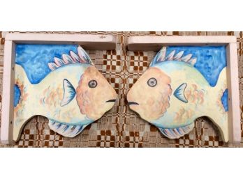 WHIMSICAL HAND PAINTED VINTAGE PASTEL PARROT FISH SHELF: Two Fish Brackets, Shelf Is 18' Long By 9.25' Deep