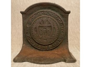 Vintage Iron Doorstop Single Bookend GA Seal Of The Georgia School Technology 1885
