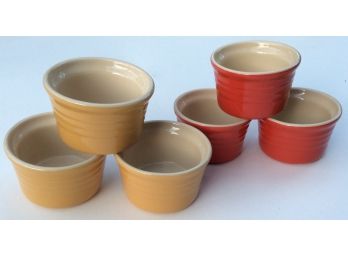 Set Of 6 LE CREUSET FRANCE STONEWARE POTTERY RAMEKINS, Mustard Yellow And Red
