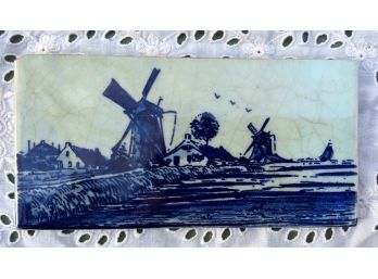 VINTAGE HAND PAINTED DELFT TILE: Marked F1 S8 FH On Back, Windmill, Dutch Scene, Water & Boat, Cottages