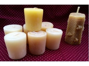 BEESWAX VOTIVE CANDLE LOT: New With Tags, 7 100 Beeswax Votives Burn 15 Hours Each, Molded Honeycomb & Bees