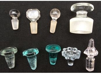 REPLACEMENT GLASS STOPPER LOT OF 9: Antique Vintage, Small Size, 3 Are Pale Aqua, 3 Perfume, 1 Apothecary